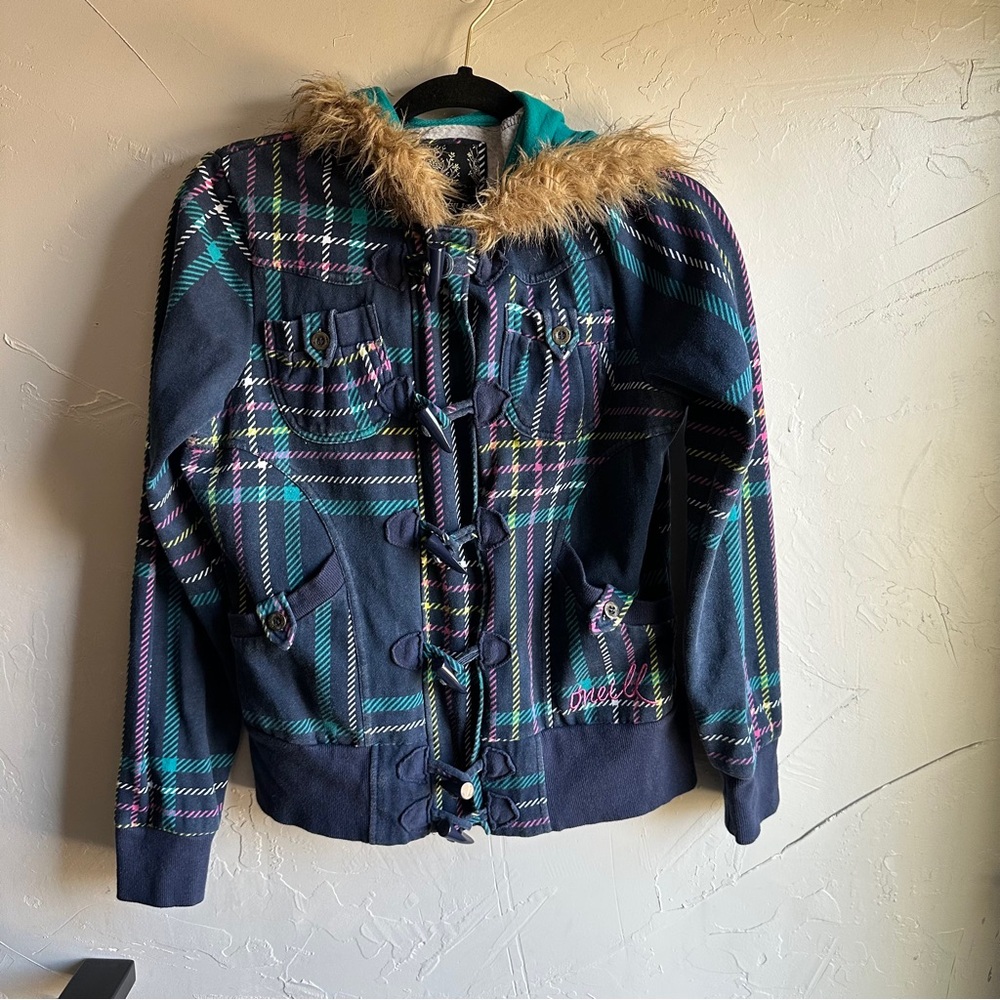 O’Neill Plaid Toggle Hoodie Jacket Faux Fur Trim Y2K Indie Surf Skater‎ Sz L